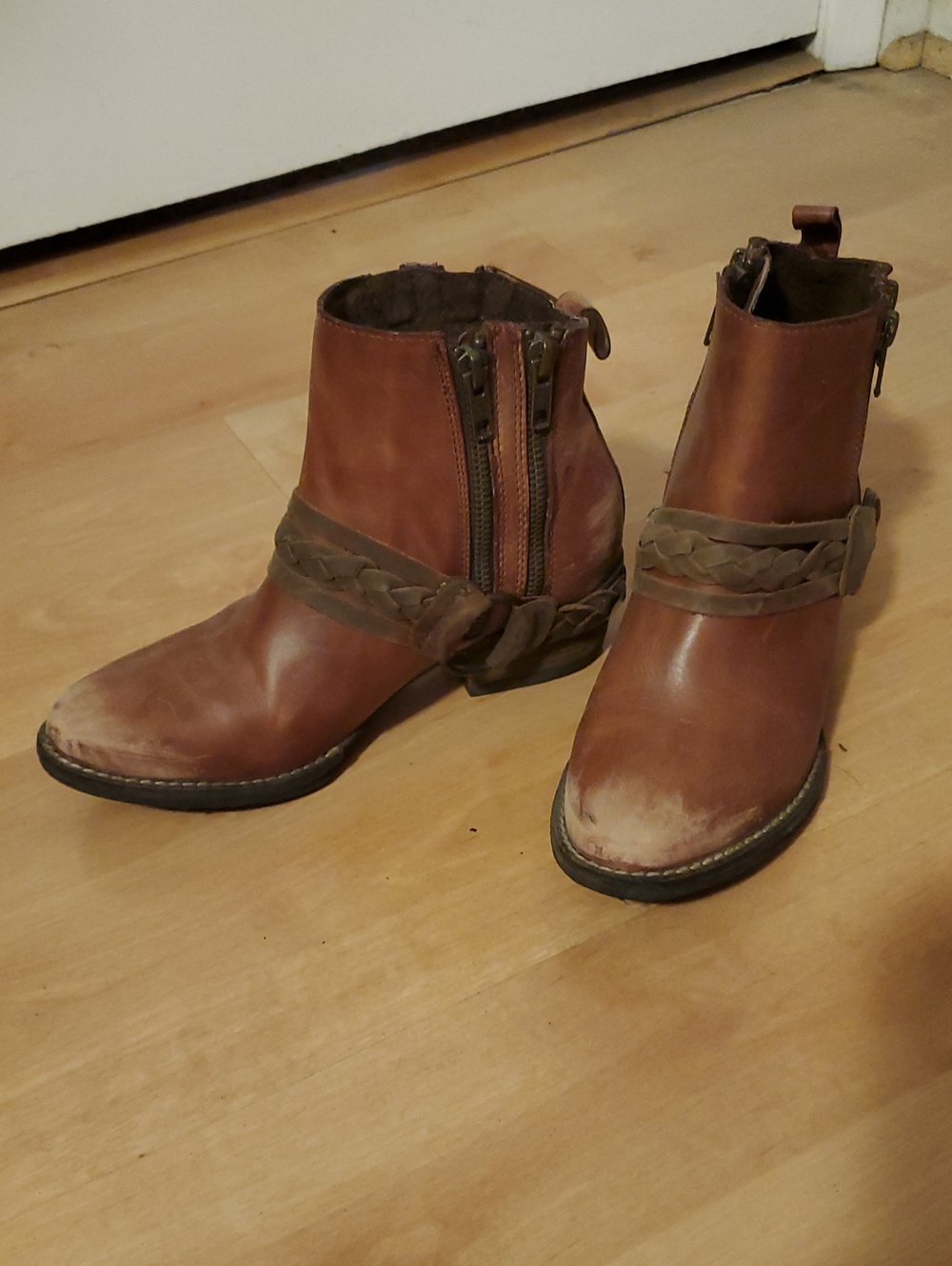 Distressed Red Leather Ankle Boots with Braided Strap